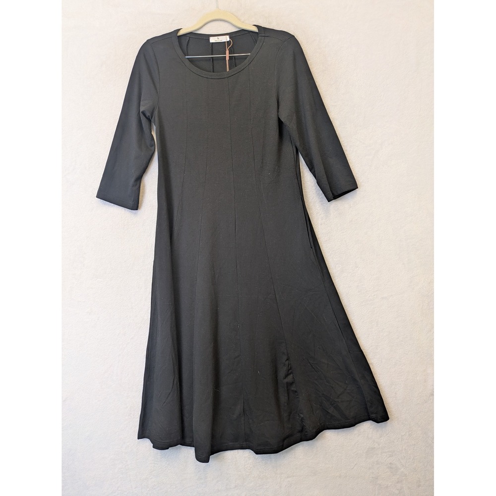 HOTTOUCH Black Midi Dress 3/4 Sleeve Round Neck Casual Everyday‎ Women Size S